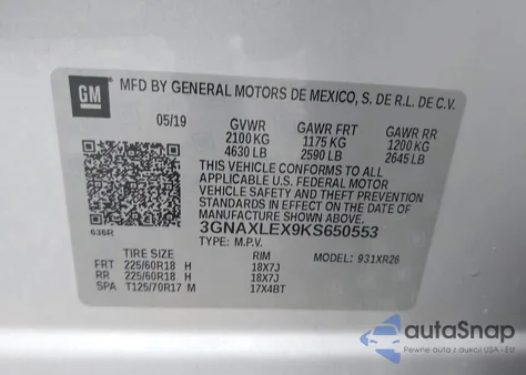 2019 Chevrolet Equinox Lt z USA, uszkodzony, nr VIN 3GNAXLEX9KS650553